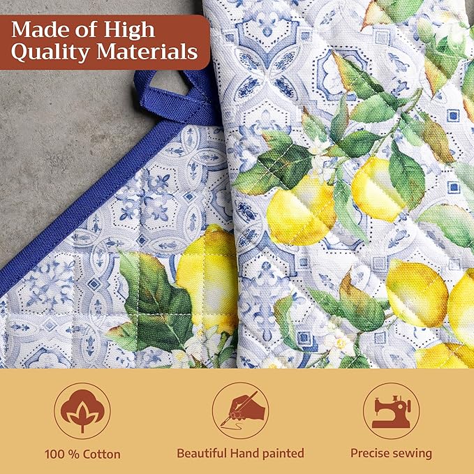 Maison d' Hermine 100% Cotton Oven Mitt & Pot Holder Set (7.5"x13" & 8"x8") Heat Resistant BBQ Cooking Gloves with Loop Baking Grilling Kitchen Gifts for Mothers Day Spring/Summer (Citrus)