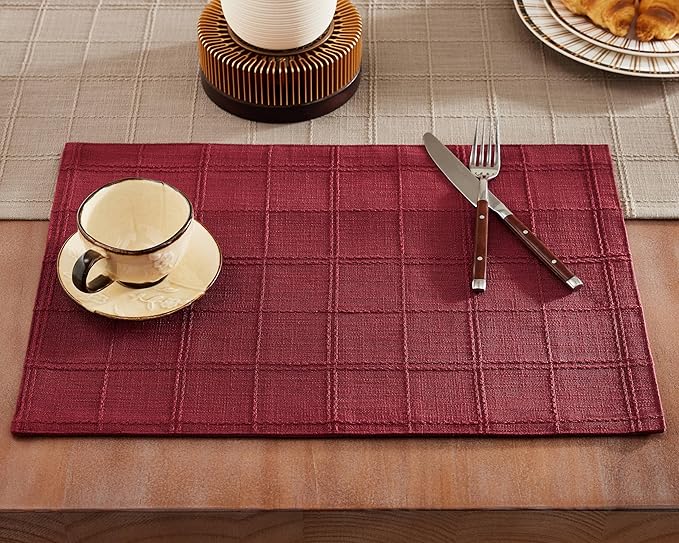 ZeeMart Linen Checked Placemats Set of 6, Plaid Embroidery Textured Table Mats, Double Layer Thick Farmhouse Rustic Place Mats for Kitchen Dining Table Home Decor, Burgundy 13x19 Inch