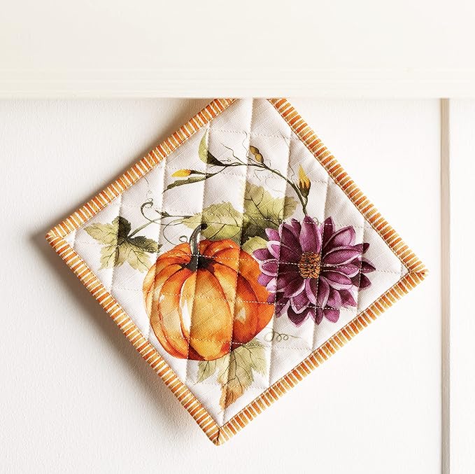 Maison d' Hermine Pot Holders 100% Cotton Heat Resistant Potholders 8" x 8" Hot Pads with Loop for Thanksgiving Christmas Decoration Baking Handling Hot Pans (Pack of 1, Pumpkin Garden - Cloudy Cream)