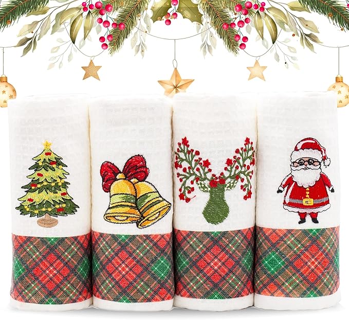 Lavien Home Christmas Kitchen Towels Embroidered, Cotton Dishcloths Decoration for Xmas with Plaid (Set of 4), Waffle Weave Cute Tree, Santa, Bell, Deer, 16 x 23 inches