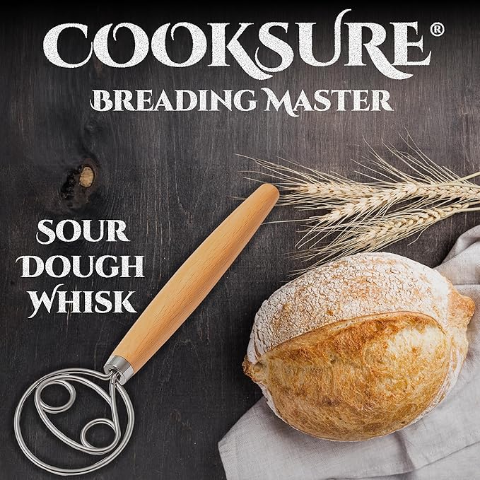 Danish Dough Whisk for Sourdough Bread – 13 Inch Bread Whisk with Wooden Handle – 304 Stainless Steel Hook for Heavy Dough Baking, Swedish Dough Whisk Tool