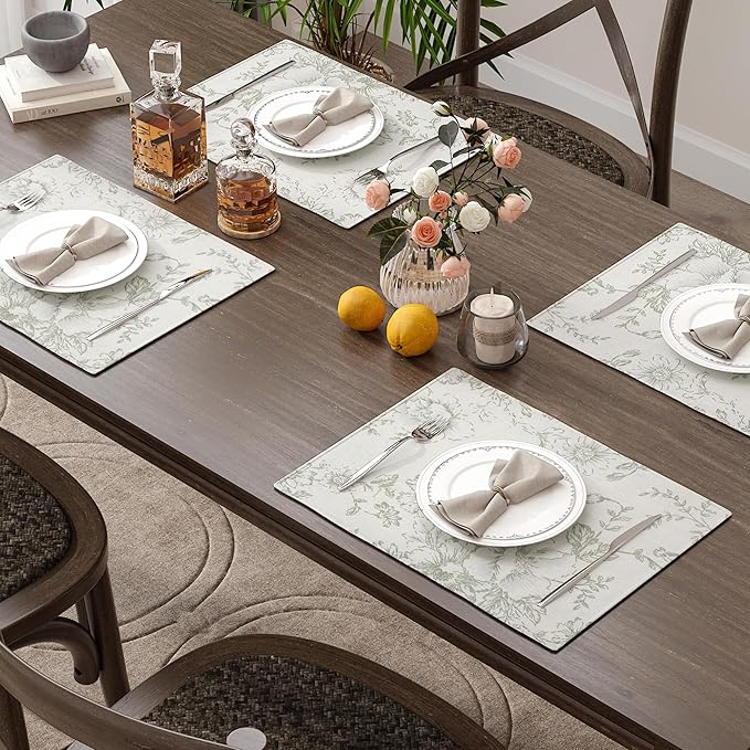 JINCHAN Floral Placemats Set of 4 Farmhouse Linen Placemats Cloth Table Mats Holiday Seasonal Rustic for Kitchen Dining Table Decor Heat Resistant Washable Tablemats 13x19 Inch Green