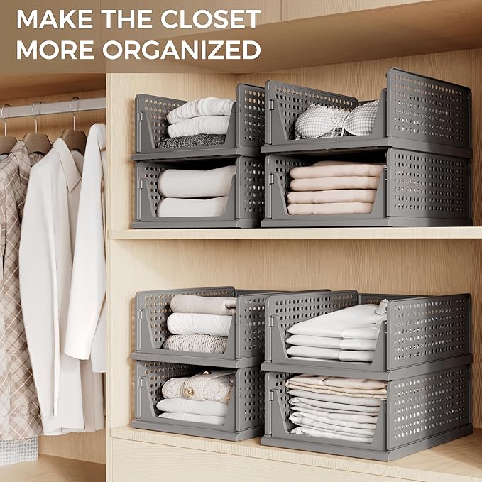 PinkPum 6 Pack Black Closet Organizers and Storage Plastic Stackable Storage Bins, Morden Foldable Drawer Shelf Storage Container for Wardrobe Kitchen Bathroom Dorm