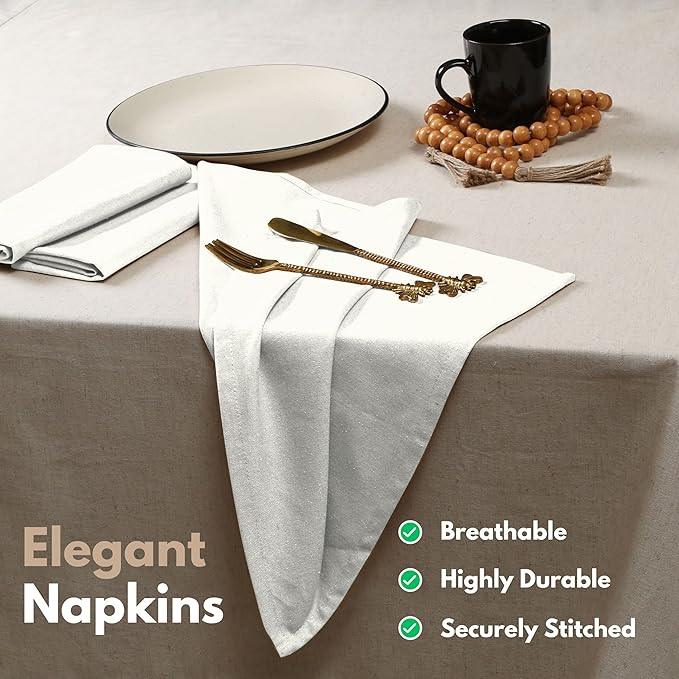Native Fab Cloth Napkin Set of 12, 100% Cotton, Washable Fabric, Reusable Cloth Napkin 17x17 inches, Table Decor Napkins for Wedding, Dinner, Events - White