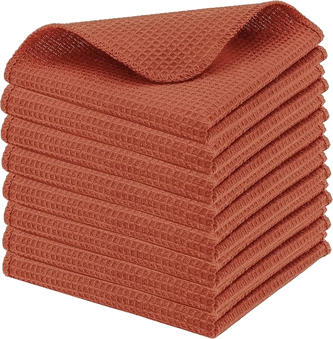 PurpleEssences Rust Dish Cloths and Dish Rags - 8 Pack Waffle Weave Solid Kitchen Dish Wash Cloths, 100% Cotton, 12x12 Inches, Ultra Soft Absorbent Quick Drying - Spring Easter Summer - Rust
