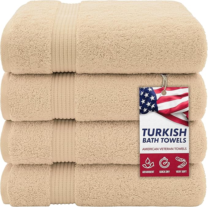 American Veteran Towel, Turkish Bath Towels for Bathroom 4 Pack, 27x54 Extra Large Premium Soft Drying Bathroom Towels, Beige