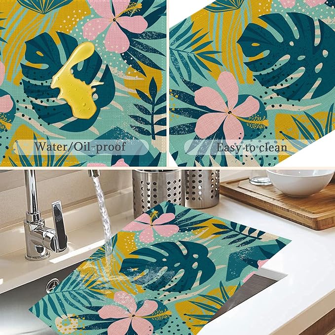 Tropical Leaves Placemats Set of 6,Washable Heat Resistant 12×18 Inch Linen Table Mats Summer Place Mats for Party Outdoor Dining Décor
