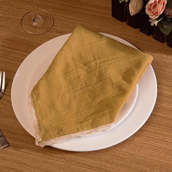 FINGERCRAFT Dinner Cloth Napkin Cotton Muslin Double Gauze 4 Pack with Classic Lace for Everyday Use, Wedding, Party, Christmas, Easter Napkins Cloth are Pre Shrunk and Good Absorbency Gold