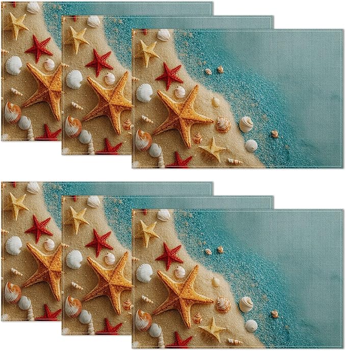 Beach Shell Starfish Blue Placemats Set of 6,12 x 18 Inch Table Mats Washable Heat Resistant Linen Fabric Rectangle Place Mat for Party Home Kitchen Dining
