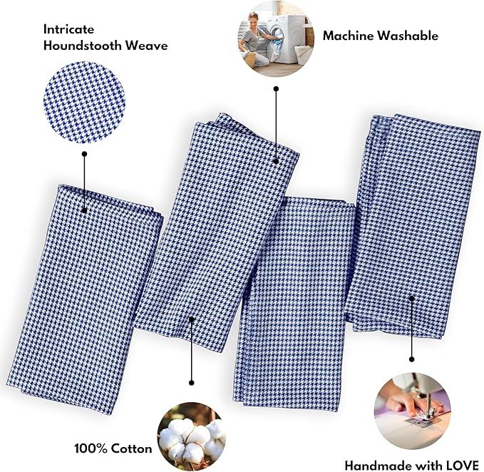 Cloth Napkin 100% Cotton Set of 12 Decorative Washable Table Houndstooth Check Napkins for Dining, Home, Wedding, Banquet - Ink Blue (18”X18”)