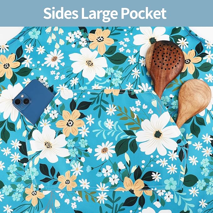 Floral Apron Women, 2 Pack Aprons for Women with Pockets, Waterproof Kitchen Apron Aprons for Cooking, Baking