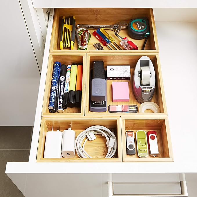 Bamboo Drawer Organizer and Storage Set, Multi-use Set of 5 Storage Trays, Wood Boxes of various sizes for Office Desk or homework, Kitchen, Bathroom Jewelry, Cosmetic Make up, Baby Bedroom, Junk.