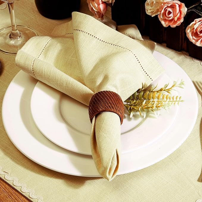 FINGERCRAFT Cloth Napkins, Hemstitched Napkins Cloth, 20 x 20 Inch Generous Picot Hem and Mitered Corner, Everyday Use Premium Quality Perfect for Parties Dinners Weddings Cocktail Set of 6 Beige