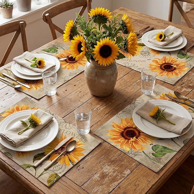 Sunflower Linen Placemats Set of 4, 12x18 Inch Farmhouse Spring Summer Sunshine Table Mats, Washable Table Decor for Kitchen Dining Indoor Outdoor Party Holiday