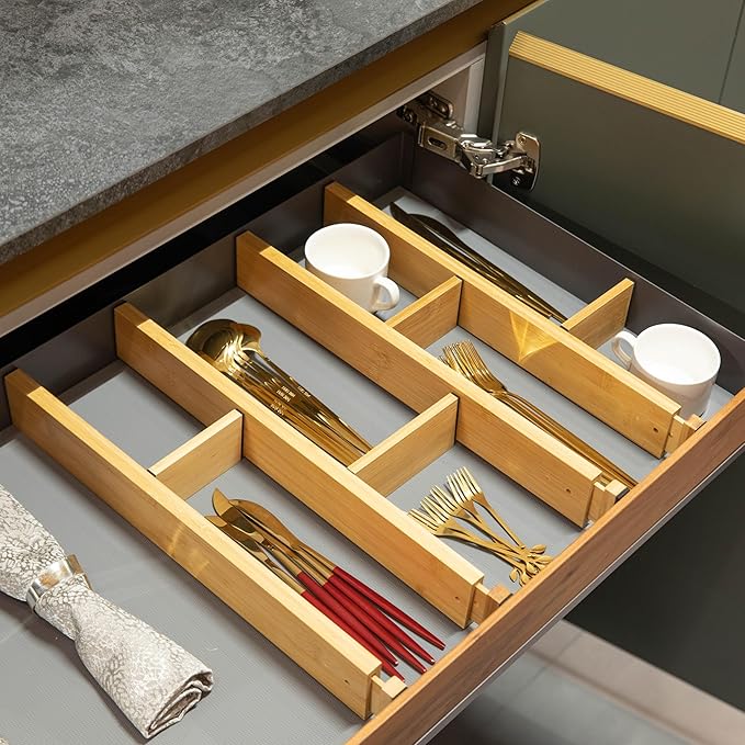 Basicwise Expandable & Adjustable Drawer Organizer with 4 Dividers & 4 Inserts Storage Solution for Home Office Dresser Desk Kitchen Bedroom Closet Separator for Socks Cutlery Clothes and Accessories