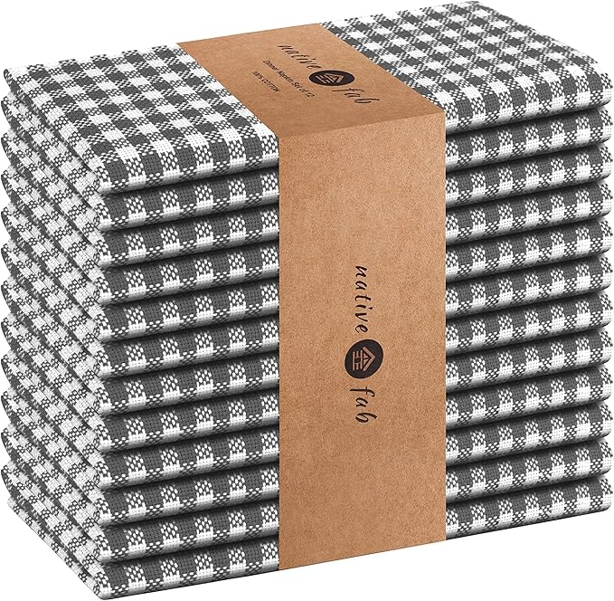 Native Fab Gingham Cloth Napkins 16x16 inches, 100% Cotton Dinner Napkins with Checks, Set of 12, Machine Washable Cloth Napkins, Soft Breathable Absorbent, Grey White