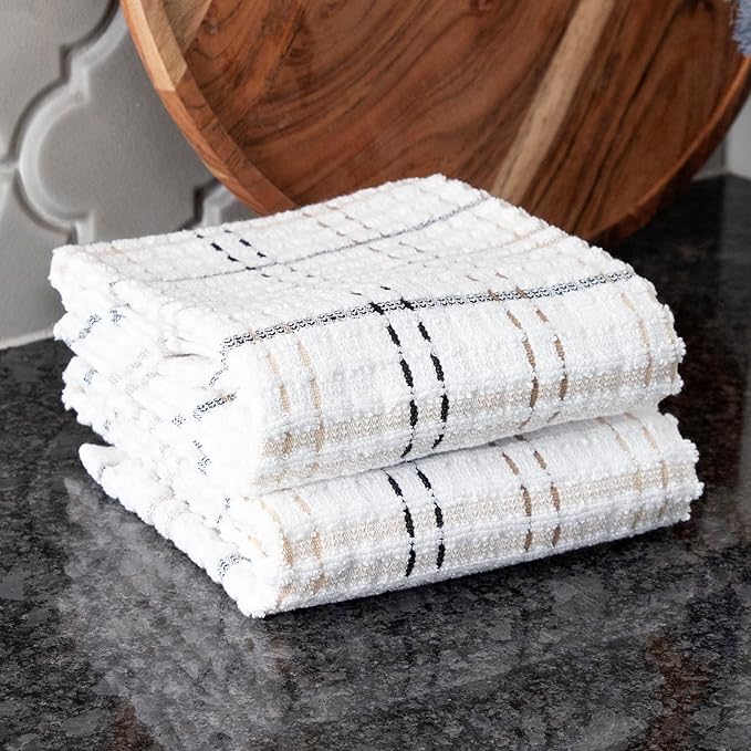 Ritz Royale Collection 100% Combed Terry Cotton, Highly Absorbent, Oversized Checked Kitchen Towel Set, 28" x 18", 2-Pack, Latte Brown