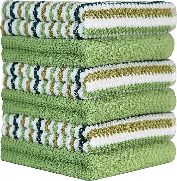 Premium Kitchen Towels (16”x 26”, 6 Pack) | Large Cotton Kitchen Hand Towels | Popcorn Striped Design | Dish Towels | 430 GSM Highly Absorbent Tea Towels Set with Hanging Loop | Sage