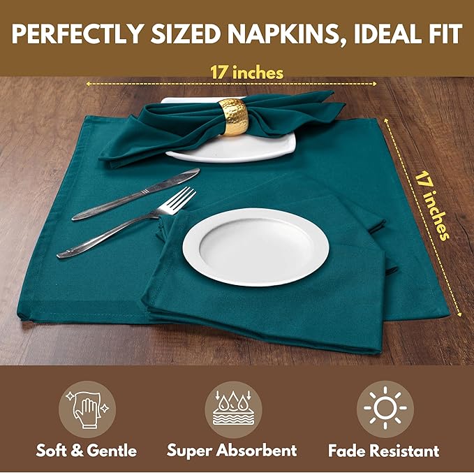 Native Fab Solid Cloth Napkin Set of 4, 100% Cotton, Washable, Reusable Dinner Cloth Napkin 17x17 inches, Table Decor Napkins for Dinner, Events, Teal Green