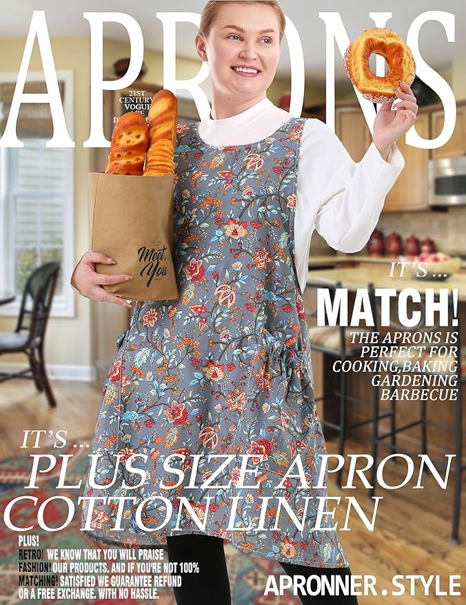 Big Plus Size Aprons for Women with Pockets Cotton Linen Baking Kitchen Cooking