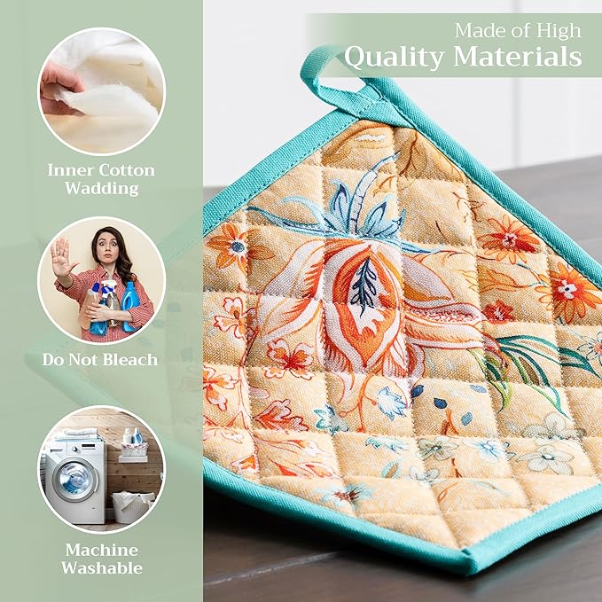 Maison d' Hermine Pot Holders 100% Cotton Heat Resistant Potholders 8" x 8" Hot Pads with Loop Cooking Baking Gifts for Mothers Day Handling Hot Pans Spring/Summer(Pack of 2, Luxury Loft - Peach)