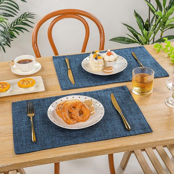 SHACOS Washable Cloth Placemats Set of 6 Fabric Place Mats Double Layered Thick Faux Linen Placemat Non Slip Reversible Table Mats Home Wedding Table Decor, Dark Blue