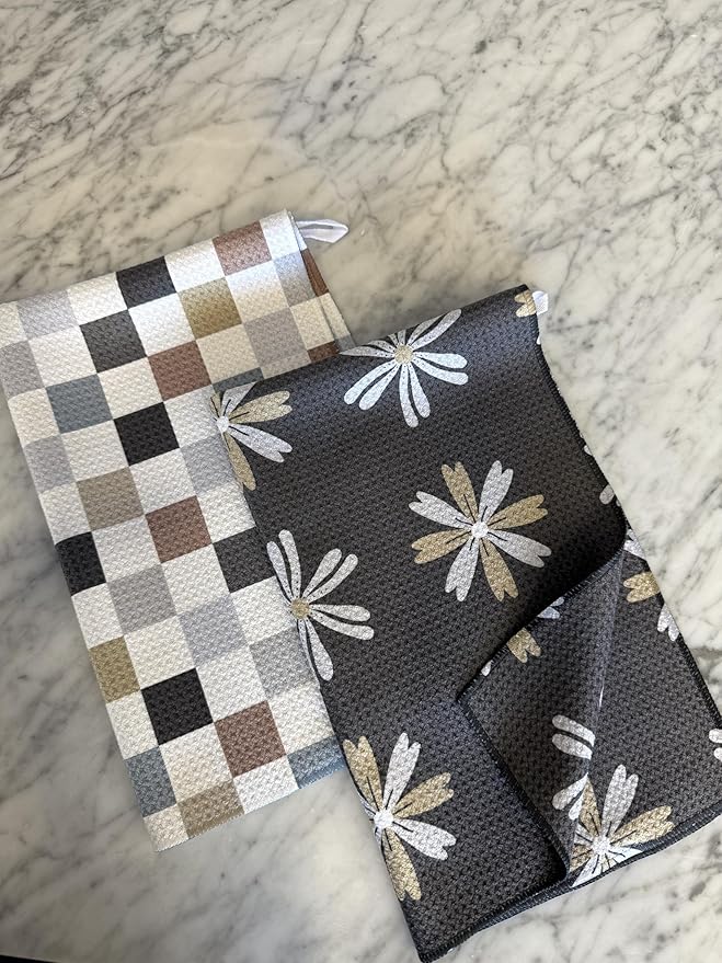 2 Pack || Double Sided|| Not Your Ordinary Kitchen Towels || Dish Towels || Quick Dry || Waffle Weave Microfiber || Designer Prints || Highly Absorbent || Hanging Hook (Multi-Checkered)