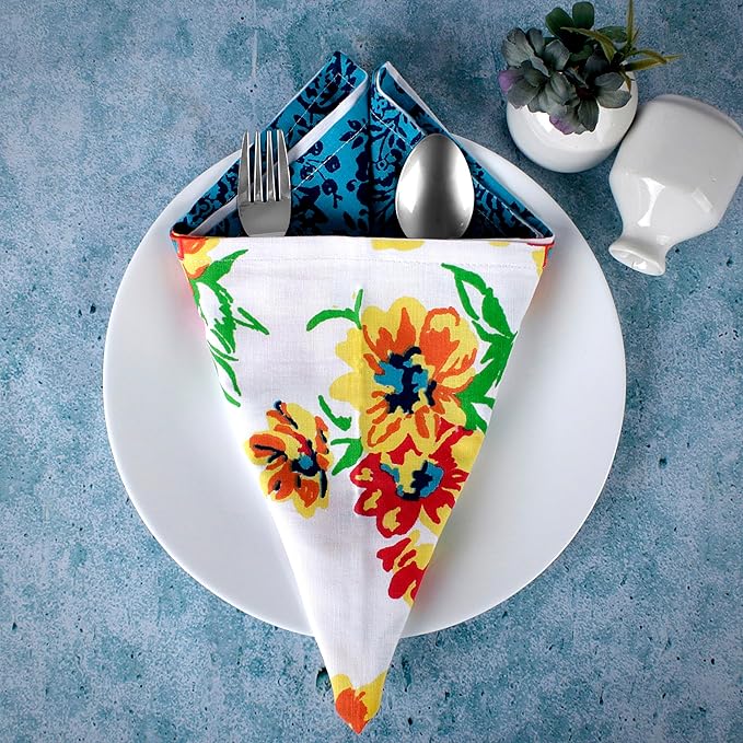 FINGERCRAFT Cloth Napkins, Set of 12 Cotton Linen Blend Printed Dinner Napkins Cloth Mitered Corner Perfect for Parties Dinners Weddings Cocktail Christmas Easter 20x20 Blooming Flower