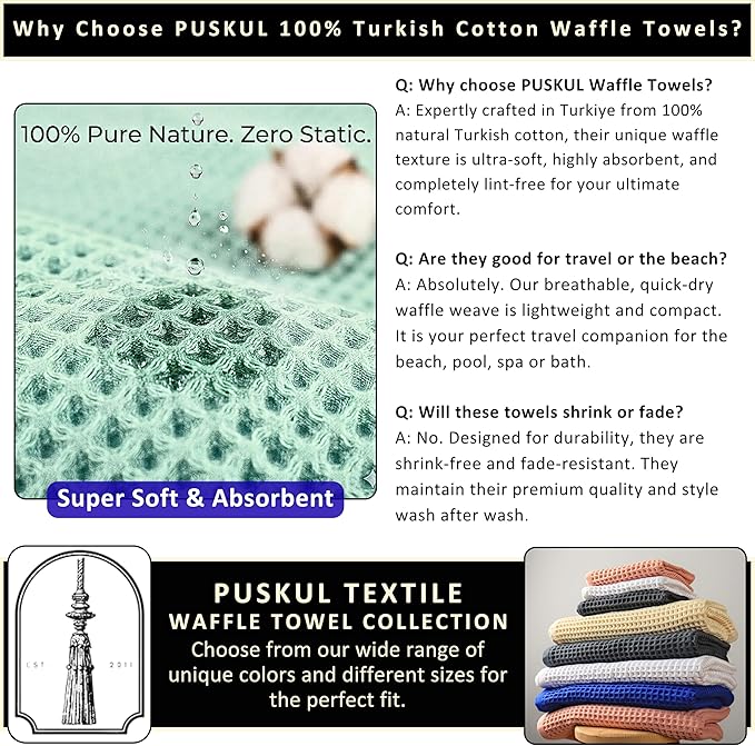 PÜSKÜL Natural 100% Turkish Cotton Waffle Bath Towels Set of 2-Piece | 32x63 inch Extra Large Absorbent Quick-Dry Lightweight Spa Towel | Honeycomb Weave Towel (Khaki Green Bath Towels - Pack of 2)