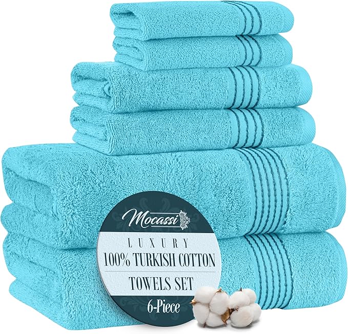 Mocassi Luxury 100% Turkish Cotton 6-Piece Towel Set - Ultra Soft, Quick Dry Highly Absorbent Premium Spa Hotel Quality Bath Towels, Includes 2 Bath Towels, 2 Hand Towels and 2 Washcloths, Aqua