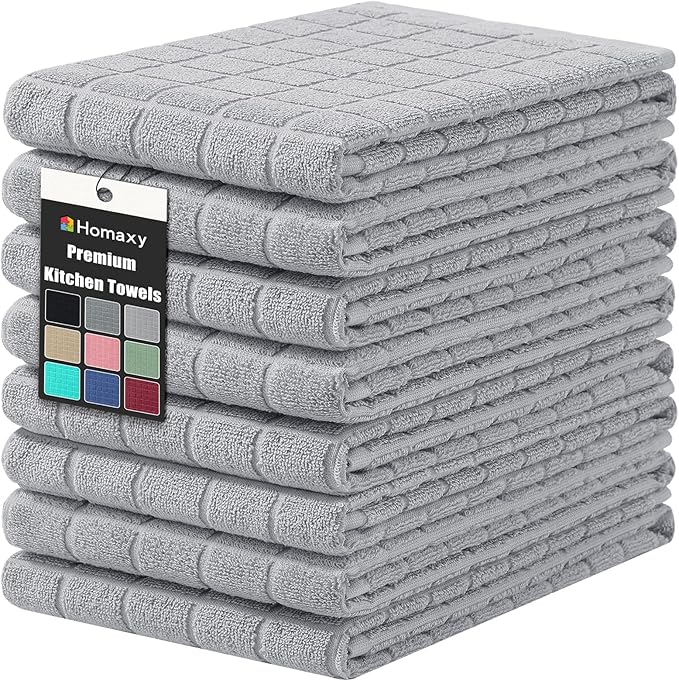 Homaxy Premium Cotton Kitchen Towels 16"x 28", Large Natural Ring Spun 390 GSM Dish Towels, Super Absorbent Terry Kitchen Hand Towels, Soft Tea Towels with Hanging Loop, Pure Light Grey Design, 8 Pack