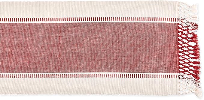 DII Dobby Stripe Woven Table Runner, 13x72 (13x77.5, Fringe Included), Barn Red