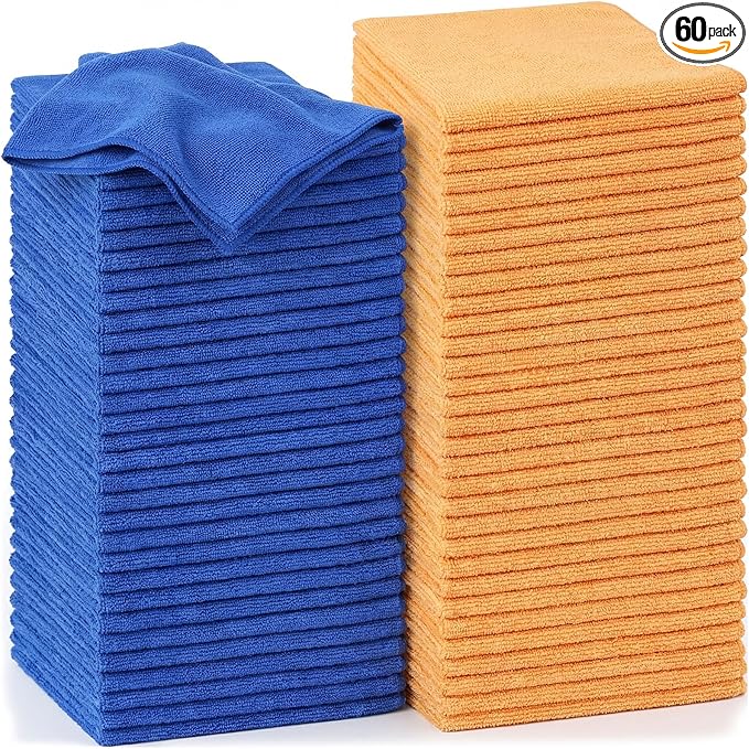 Nuenen 60 Pcs Microfiber Cleaning Cloths for Cars 16 x 16 Inch Ultra Absorbent Car Towels Drying Reusable Cleaning Supplies House Kitchen Window Microfiber Towel (Yellow,Blue)