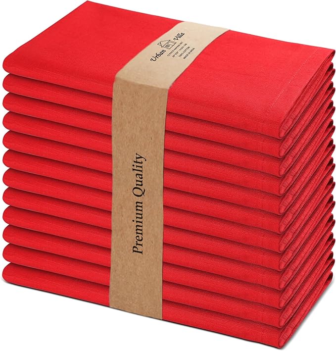 Urban Villa Cloth Napkins Set of 12 20x20 Inches 100% Cotton Napkins Cloth Washable Durable Reusable Absorbent Table Dinner Napkins Cloth for Christmas Parties Hotel Lunch Restaurant Weddings - Red