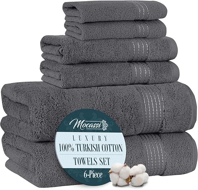 Mocassi Luxury 100% Turkish Cotton 6-Piece Towel Set - Ultra Soft, Quick Dry Highly Absorbent Premium Spa Hotel Quality Bath Towels, Includes 2 Bath Towels, 2 Hand Towels and 2 Washcloths, Gray