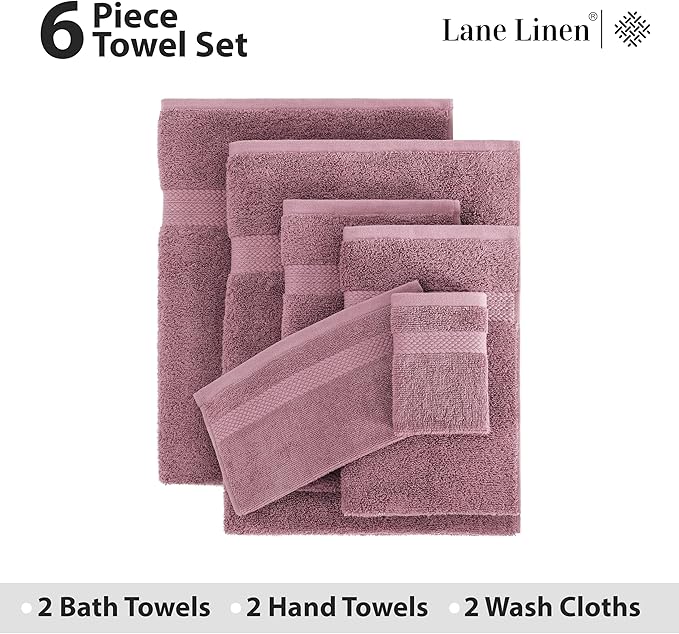 LANE LINEN 100% Cotton Turkish Towels for Bathroom - 6 Piece - Softer & Highly Absorbent - 2 Bath, 2 Wash cloths, 2 Hand Towels - Complete Family Set, Hotel Quality & Gentle on Skin - Wistful Mauve