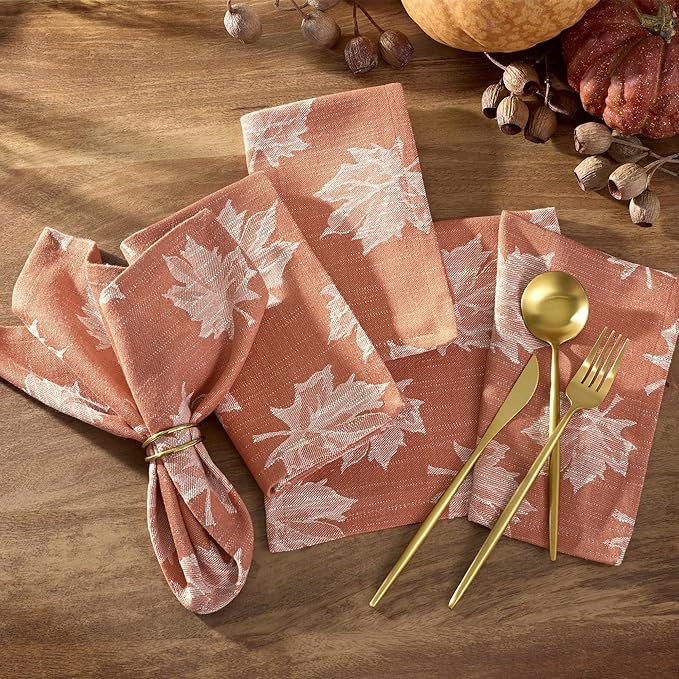 Elrene Home Fashions Falling Leaves Jacquard Cotton Dinner Napkins, Set of 8, 17"x17", Sienna