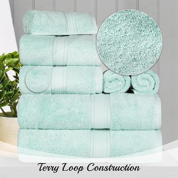 Superior Egyptian Cotton Pile Bath Towel Set of 4, Ultra Soft Luxury Towels, Thick Plush Essentials, Absorbent Heavyweight, Guest Bath, Hotel, Spa, Home Bathroom, Shower Basics, Sea Foam