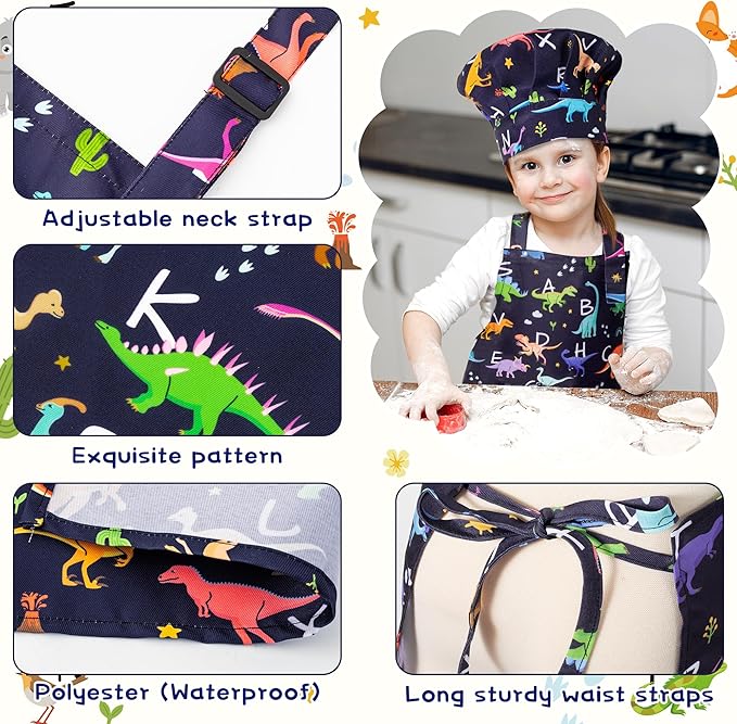 GROBRO7 4Pcs Kids Apron and Chef Hat Set Gift for Girls Boys, Animal Alphabet Word Adjustable Kitchen Beginner Toddler Aprons with 2 Pockets Waterproof Smocks for Baking Cooking Painting Crafting