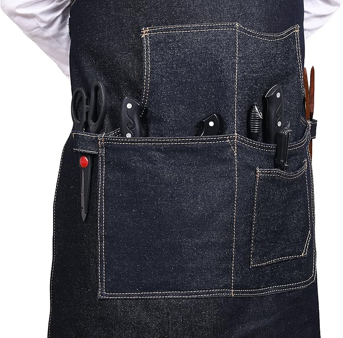 One Size Fits Utility Apron | Adjustable Cross-Back Straps | Multi-Use Shop Apron With Tool Pockets By Aaron Leather Goods (Denim, Cotton)