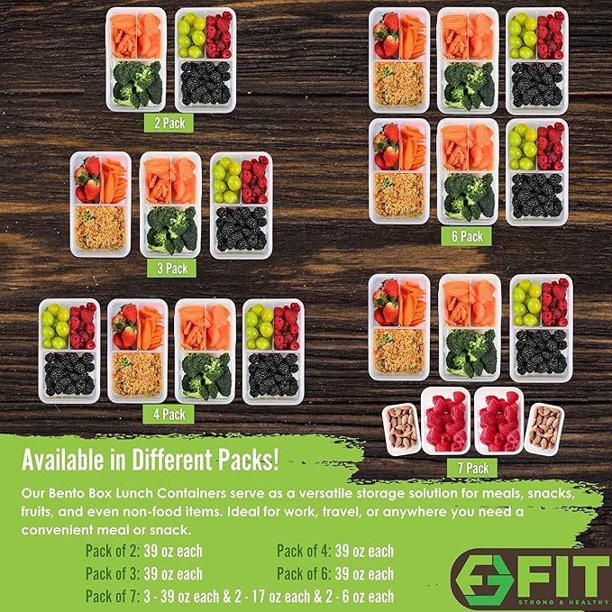 FIT Strong & Healthy Bento Lunch Box & Meal Prep Containers, Food & Snack Storage for Adults & Kids, Microwave, Freezer, & Dishwasher Safe, Reusable, Airtight Lid, Removable Compartments, 39oz, 6 Pack