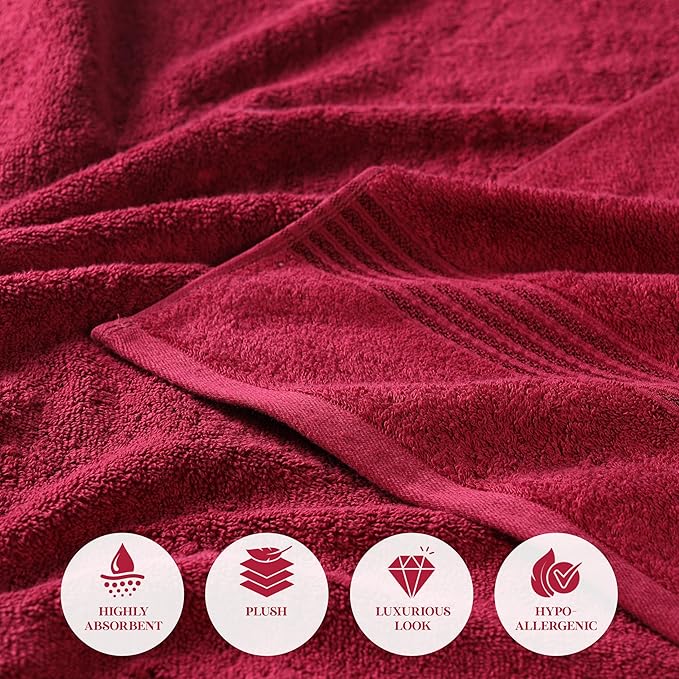 Superior Egyptian Cotton 8-Piece Towel Set, Assorted Towels for Home Bathroom, Guest Bath Decor Essentials, Includes 2 Bath, 4 Hand, 2 Face Towels/Washcloths, Quick Dry, Absorbent, Burgundy