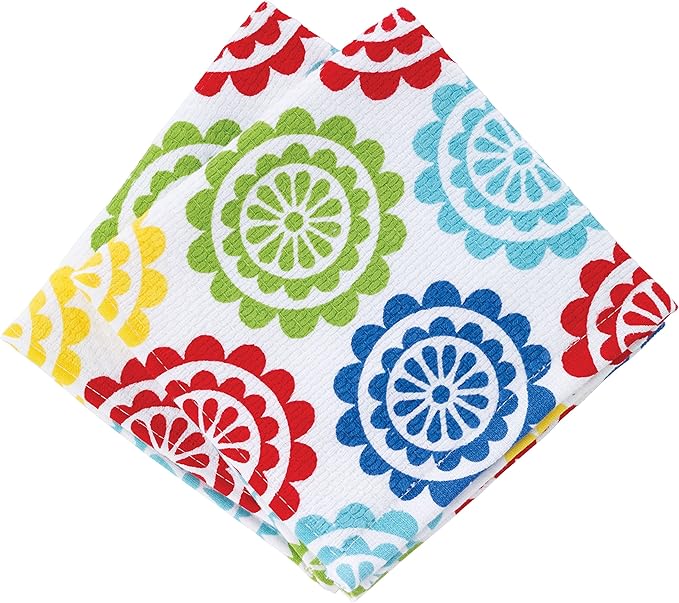 T-fal Textiles Highly Absorbent 100% Cotton Double Sided Printed Dish Cloths, 12" x 12", Set of 2, Medallion Red/Multi