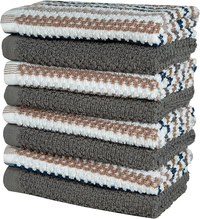 Bumble Premium Dish Cloths Towel 12"x12" | 100% Natural Ring Spun Cotton Tea Towel Set | 430 GSM | Highly Absorbent & Soft Dish Towels | 8 Pack - 4 Popcorn Wide Striped & 4 Solid Kitchen Towels - Gray