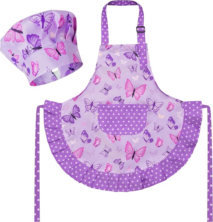 R HORSE Kid Apron and Chef Hat Set - 2Pcs Purple Butterfly Toddler Kitchen Apron for Girls, Adjustable Role Play Costume Pretend Play Toy for Cooking Baking Painting Birthday Gift for Kids Ages 3-6
