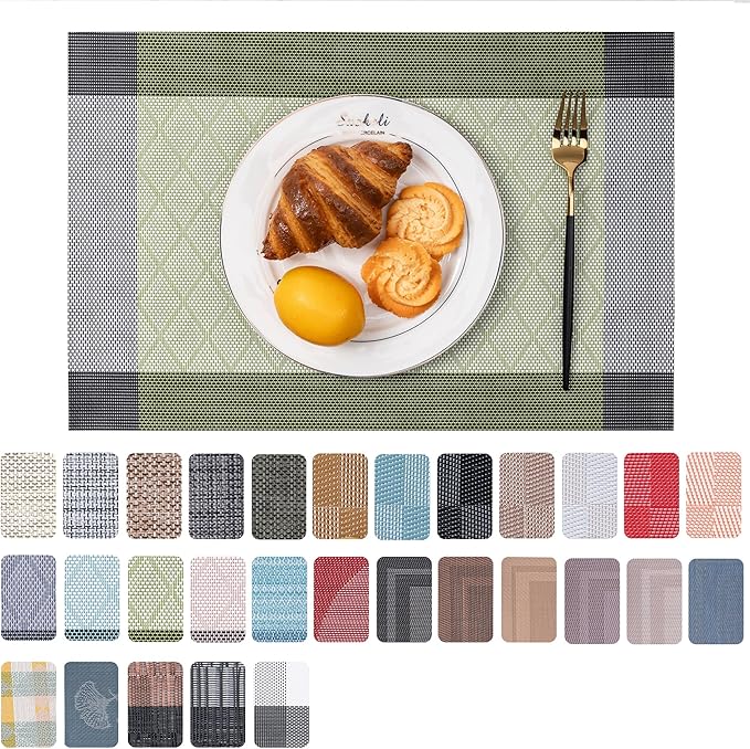 CADONO Placemats Set of 6 Washable Indoor/Outdoor Vinyl Place Mats for Dining Table Durable Non-Slip Heat Resistant PVC Weave Table Mats（Rhombus-Green）