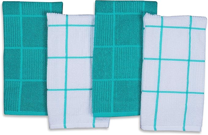 AMOUR INFINI Kitchen Towels Pack of 4, Terry Cotton Dish Towels, Ultra Absorbent, Quick Drying Hand & Tea Towels, Soft Durable Cleaning Cloths with Hanging Loop, 16 x 26 Inch (Teal)