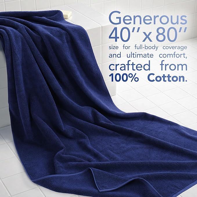 American Soft Linen 100% Cotton 600 GSM Turkish 40x80 Oversized Bath Towel Sheet, Extra Large Adult Towels for Bathroom, Navy Blue Bath Sheet