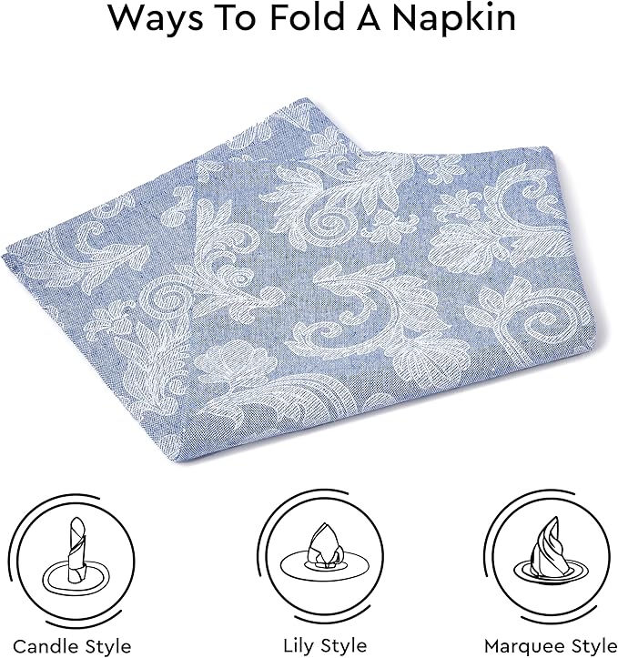 Encasa XO Blue Cloth Napkins Set of 6, 18x18 in | Floral Jacquard Homespun Cotton Dinner Napkins | Washable & Reusable Wedding Napkins for Holiday Dining, Parties, & Everyday Table Décor
