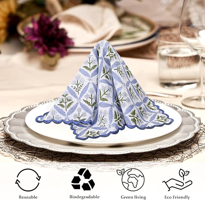 Ridhi Hand Block Print Light Steel Blue 18" x 18" (Set of 4) Embroidery Table Napkins Reusable Cotton Dinner Napkins for Weddings, Parties, Everyday Dining Gift for Spring, Easter, Valentine